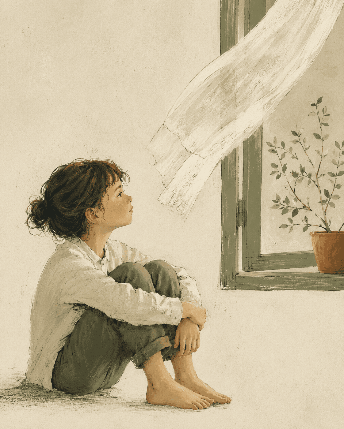 A child sitting by an open window and observing a plant